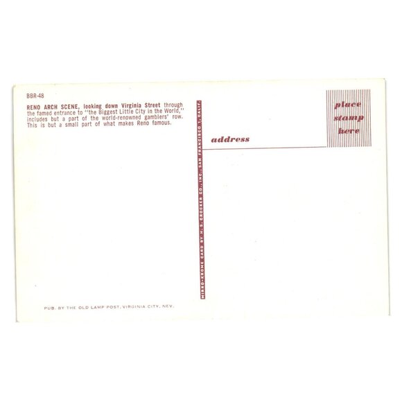 Vintage Reno Arch Postcard Biggest Little City In The World Old Lamp Post Pub - Picture 2 of 2